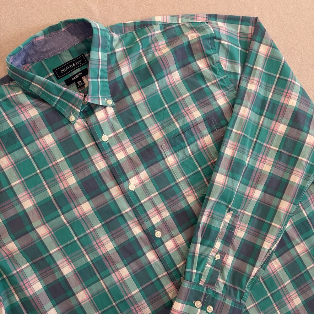 Crown & Ivy‎ XL TEAL/PINK PLAID Men's Classic Fit  Button Up Long Sleeve Shirt